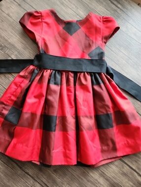 Ralph Lauren 24M Red Buffalo Plaid Taffeta Holiday Dress Black Grosgrain Sash